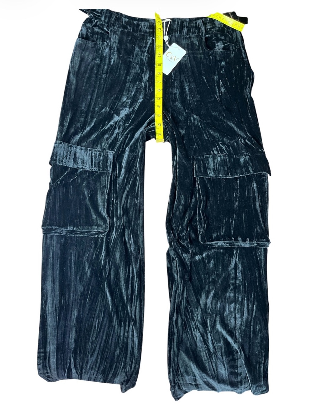 NWT C&V Cloth & Vine Black Crushed Velvet Wide Leg Cargo Pants Size M - Picture 4 of 5